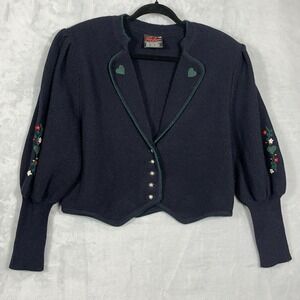 Vintage Womens Wool Cardigan Puff Sleeve Flower Embroidered Navy Blue L Romantic